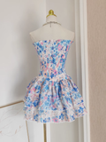 A line Strapless Sleeveless Blue Floral Cocktail Dress Short Birthday Outfits SD389