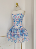 A line Strapless Sleeveless Blue Floral Cocktail Dress Short Birthday Outfits SD389