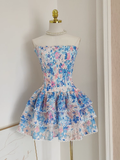 A line Strapless Sleeveless Blue Floral Cocktail Dress Short Birthday Outfits SD389