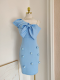Sheath One Shoulder One Shoulder Blue Cocktail Dress Short Birthday Outfits SD398