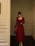 A line Square Neckline Long Sleeves Red Prom Dresses Birthday Dress SD413