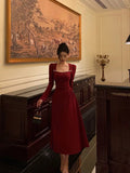 A line Square Neckline Long Sleeves Red Prom Dresses Birthday Dress SD413