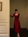 A line Square Neckline Long Sleeves Red Prom Dresses Birthday Dress SD413