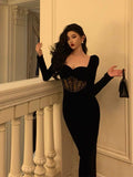 Sheath Sweetheart Velvet Black Long Sleeves Prom Dresses Evening Dress SD415