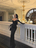 Sheath Off The Shoulder Black Long Sleeves Prom Dresses Evening Dress SD416