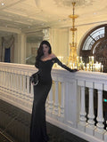 Sheath Off The Shoulder Black Long Sleeves Prom Dresses Evening Dress SD416