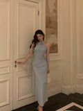 Sheath High Neckline Dusty Blue Satin Flowers Long Prom Dresses Evening Dress SD417