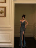 Sheath Straps Sequin Blue Slit Long Prom Dresses Evening Dress SD420