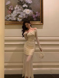 Sheath Off The Shoulder Long Sleeves Beige Prom Dresses Evening Dress SD421