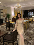 Sheath Off The Shoulder Long Sleeves Beige Prom Dresses Evening Dress SD421