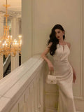 Sheath Scoop Neckline White Ankle Length Prom Dresses Birthday Dress SD423