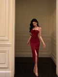 Sheath Halter Red Ankle Length Slit Prom Dresses Birthday Dress SD425