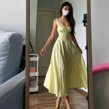 A line Straps Ruffled Yellow Ankle Length Women's Vacation Dresses SD428