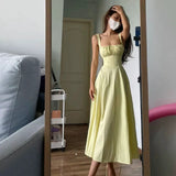 A line Straps Ruffled Yellow Ankle Length Women's Vacation Dresses SD428