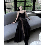 A Line Spaghetti Straps Black Floor Length Prom Dresses Birthday Dress SD429