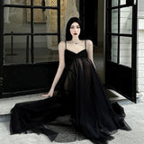 A Line Spaghetti Straps Black Floor Length Prom Dresses Birthday Dress SD429