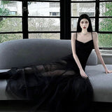 A Line Spaghetti Straps Black Floor Length Prom Dresses Birthday Dress SD429