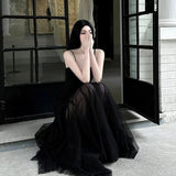 A Line Spaghetti Straps Black Floor Length Prom Dresses Birthday Dress SD429