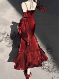 Sheath Irregular Ruffled Spaghetti Straps Women's Burgundy Birthday Party Dresses With Sleeves SD438