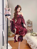 High Low Irregular Ruffled Spaghetti Straps Women's Burgundy Birthday Outfits Party Dresses With Sleeves SD439