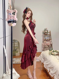 High Low Irregular Ruffled Spaghetti Straps Women's Burgundy Birthday Outfits Party Dresses With Sleeves SD439