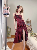 High Low Irregular Ruffled Spaghetti Straps Women's Burgundy Birthday Outfits Party Dresses With Sleeves SD439