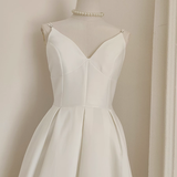 A line Spaghetti Straps White Vacation Dress Satin Women Birthday Dresses SD444