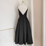 A line Spaghetti Straps Black Satin Vacation Dress Women Birthday Dresses SD446