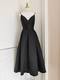 A line Spaghetti Straps Black Satin Vacation Dress Women Birthday Dresses SD446