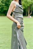 Sheath Spaghetti Straps Silver Gray Ankle Length Prom Dresses Birthday Outfits SD473