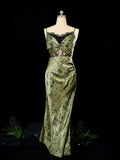 Sheath Spaghetti Straps Green Lace Ankle Length Prom Dresses Birthday Outfits SD479