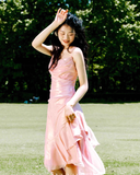 High Low Spaghetti Straps Pink Knee Length Prom Dresses Birthday Outfits SD486