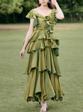 French Retro A line Short Sleeves Green Long Prom Dress Birthday Dresses SD499
