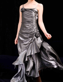 Mermaid Spaghetti Straps Ruffles Silver Gray Prom Dresses Long Birthday Outfits SD504