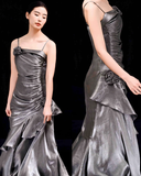Vintage Mermaid Spaghetti Straps Ruffles Silver Gray Prom Dresses Long Birthday Outfits SD503