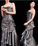 Vintage Mermaid Spaghetti Straps Ruffles Silver Gray Prom Dresses Long Birthday Outfits SD503