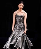 Vintage Mermaid Spaghetti Straps Ruffles Silver Gray Prom Dresses Long Birthday Outfits SD503