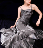 Mermaid Spaghetti Straps Ruffles Silver Gray Prom Dresses Long Birthday Outfits SD504