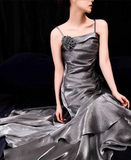 Mermaid Spaghetti Straps Ruffles Silver Gray Prom Dresses Long Birthday Outfits SD504