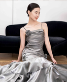 Vintage Mermaid Spaghetti Straps Ruffles Silver Gray Prom Dresses Long Birthday Outfits SD503