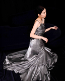 Vintage Mermaid Spaghetti Straps Ruffles Silver Gray Prom Dresses Long Birthday Outfits SD503