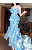 Mermaid Strapless Light Sky Blue Chiffon Ruffles Long Prom Dresses Birthday Outfits SD507