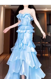 Mermaid Strapless Light Sky Blue Chiffon Ruffles Long Prom Dresses Birthday Outfits SD507