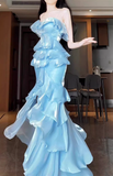 Mermaid Strapless Light Sky Blue Chiffon Ruffles Long Prom Dresses Birthday Outfits SD507