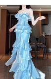 Mermaid Strapless Light Sky Blue Chiffon Ruffles Long Prom Dresses Birthday Outfits SD507