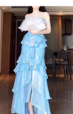 Mermaid Strapless Light Sky Blue Chiffon Ruffles Long Prom Dresses Birthday Outfits SD507