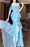Mermaid Strapless Light Sky Blue Chiffon Ruffles Long Prom Dresses Birthday Outfits SD507