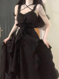 High Low Straps Black Chiffon Ruffles Long Prom Dresses Birthday Outfits SD508