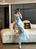 Sheath Spaghetti Straps Light Sky Blue Flower Long Prom Dresses Birthday Outfits SD511