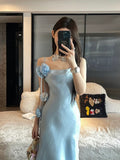 Sheath Spaghetti Straps Light Sky Blue Flower Long Prom Dresses Birthday Outfits SD511